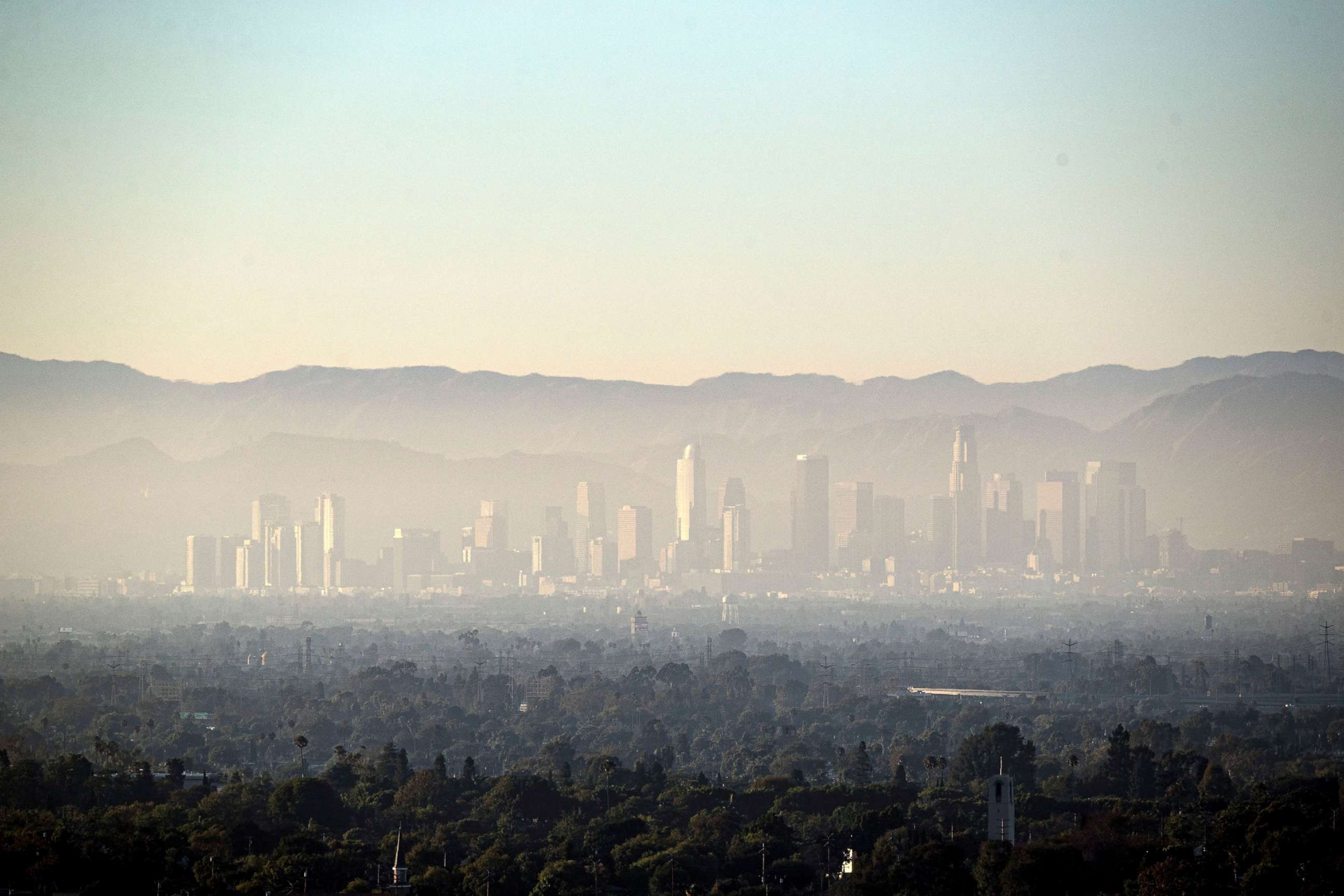 PHOTO: A layer of smog covers Downtown and the nearby areas in Los Angeles, Calif, on August 14, 2019. 