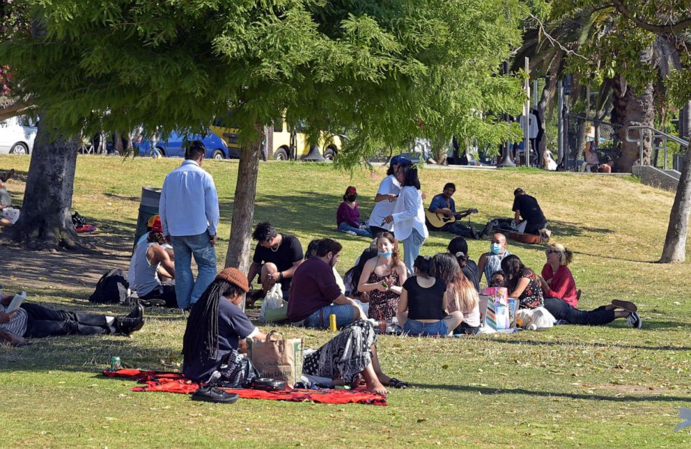 PHOTO: People enjoy a day out at Echo Park Lake on July 05, 2020 in Los Angeles, California.