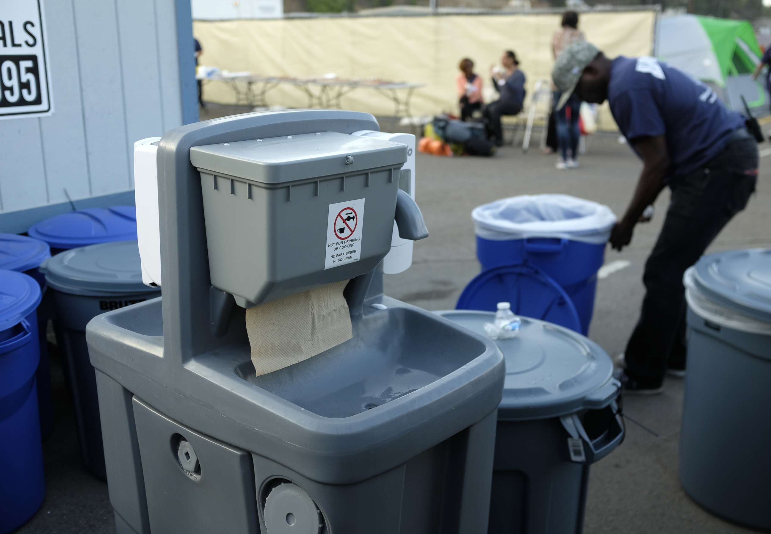 PHOTO: A hand washing station is seen near a tent city in San Diego as part of the city's efforts to combat a deadly hepatitis A outbreak, Oct. 9, 2017.