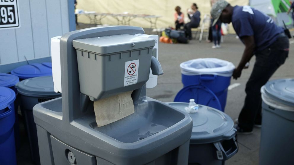 PHOTO: A hand washing station is seen near a tent city in San Diego as part of the city's efforts to combat a deadly hepatitis A outbreak, Oct. 9, 2017.