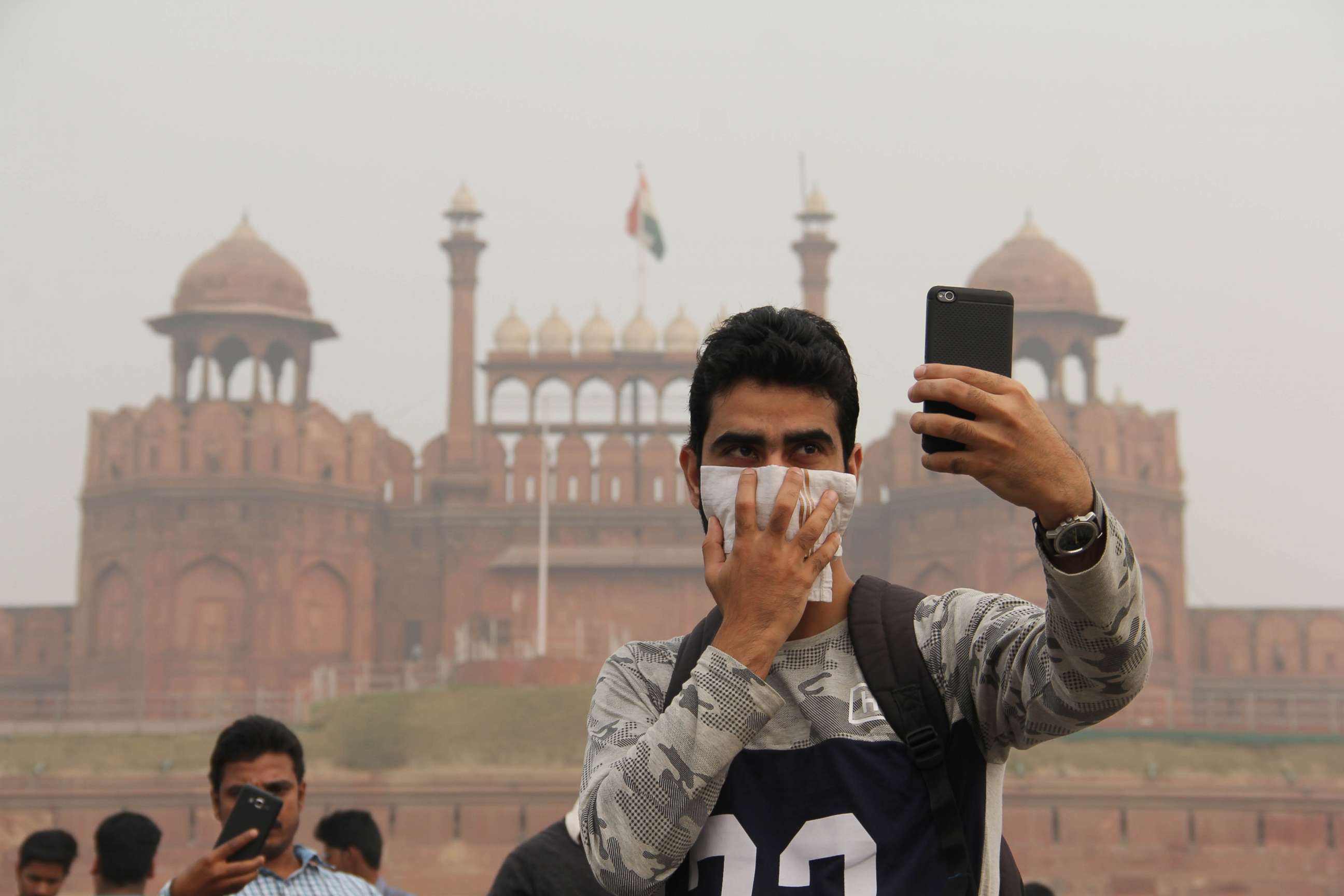 PHOTO: Young people take selfies in front of The Red Fort in Delhi on Nov. 12, 2017.