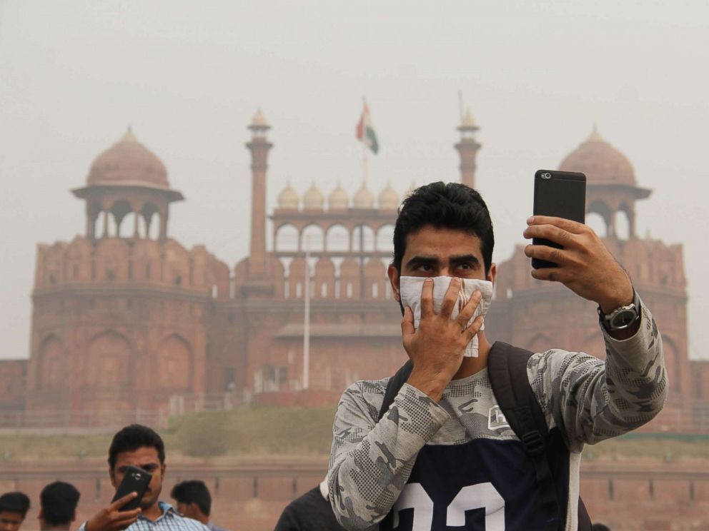 PHOTO: Young people take selfies in front of The Red Fort in Delhi on Nov. 12, 2017.
