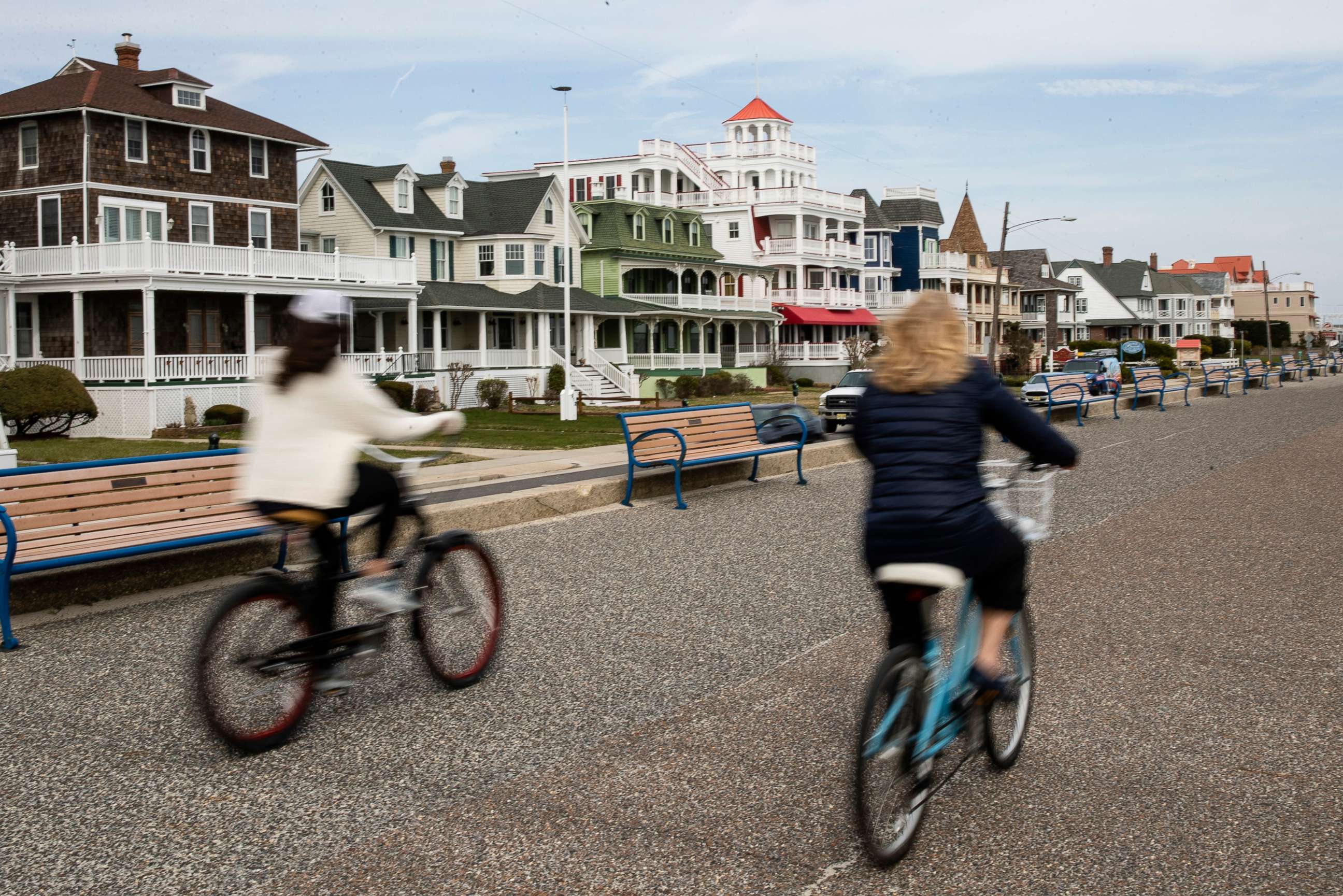 PHOTO: Cyclists ride their bicycles in Cape May, N.J., March 18, 2020. 
