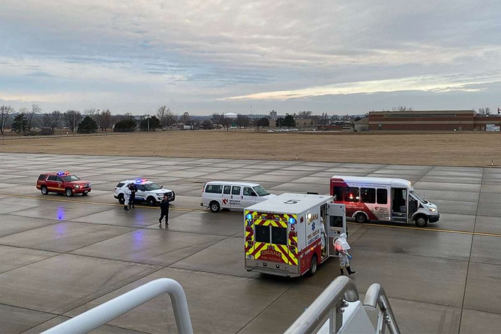 PHOTO: U.S. citizen Carl Goldman, 66, of Santa Clarita, Calif., arrives at Eppley Airfield Airport in Omaha, Neb., Feb. 17, 2020.