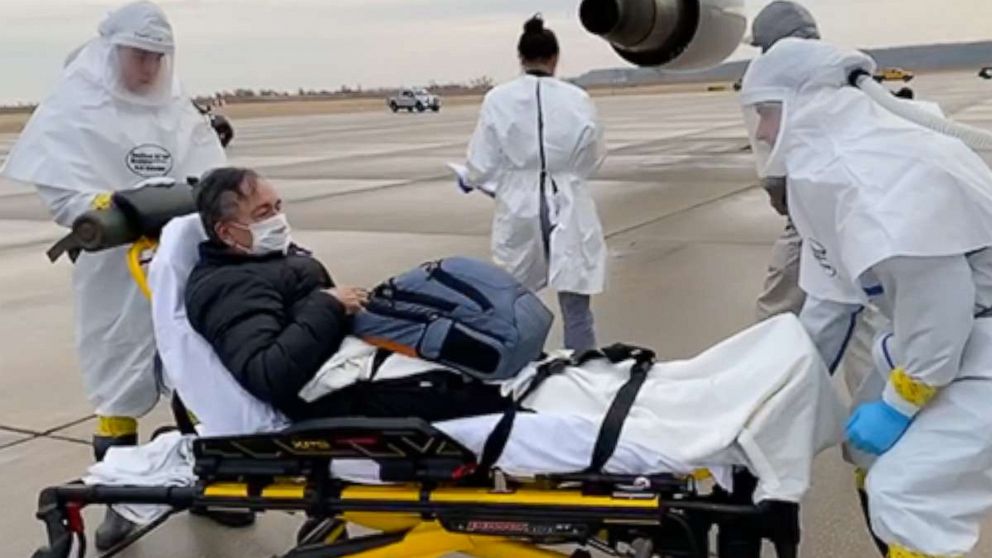 PHOTO:U.S. citizen Carl Goldman, 66, of Santa Clarita, Calif., arrives at Eppley Airfield Airport in Omaha, Neb., Feb. 17, 2020.