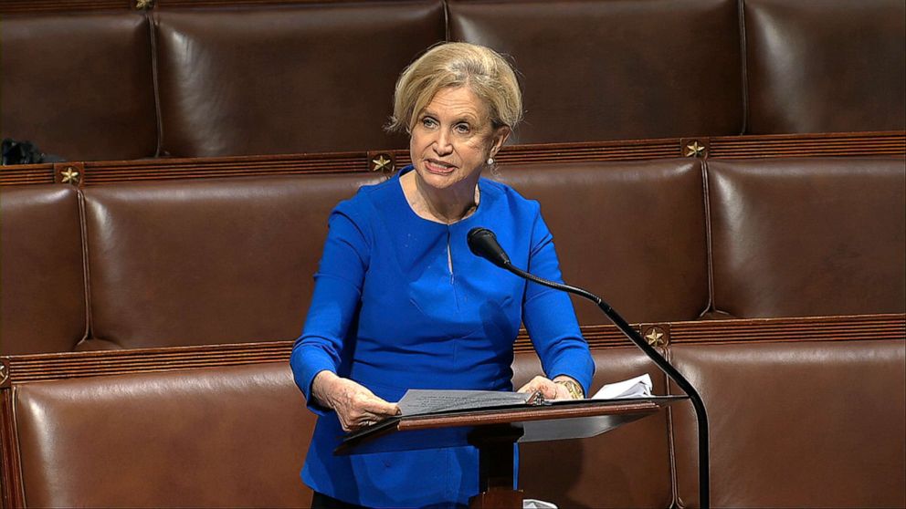 PHOTO: Rep. Carolyn Maloney peaks on the floor of the House of Representatives at the U.S. Capitol in Washington, April 23, 2020.