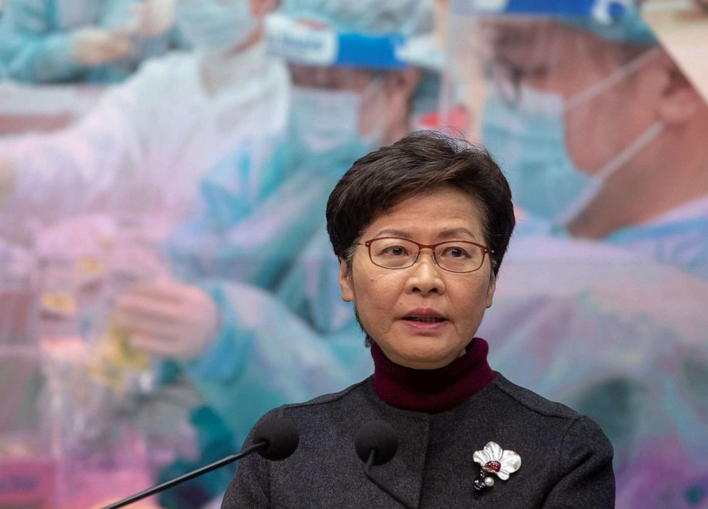 PHOTO: Hong Kong Chief Executive Carrie Lam during a news conference on Feb. 8, 2022 in Hong Kong.
