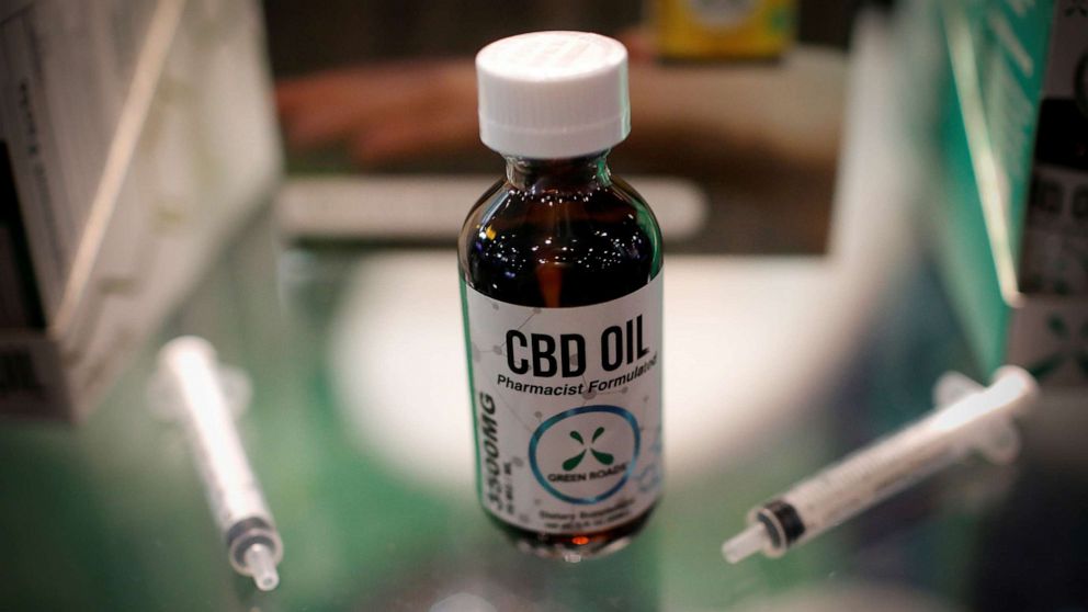 PHOTO: CBD oil is seen displayed at The Cannabis World Congress & Business Exposition trade show in New York, May 30, 2019.