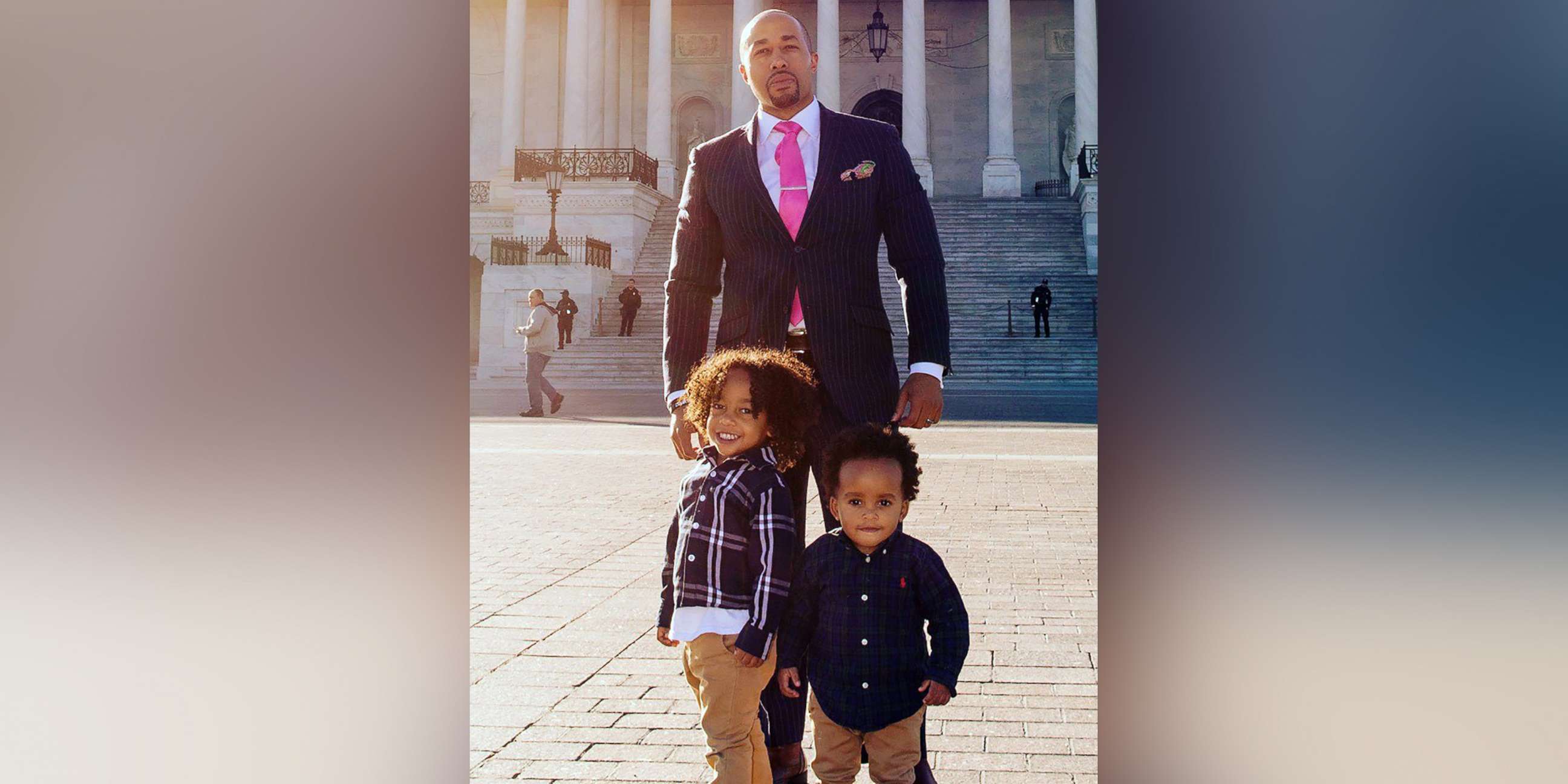 PHOTO: Charles Johnson poses for a photo with his sons Charles V and Langston Johnson in Washington, D.C. on Sept. 11, 2018, after the death of his wife Kira.