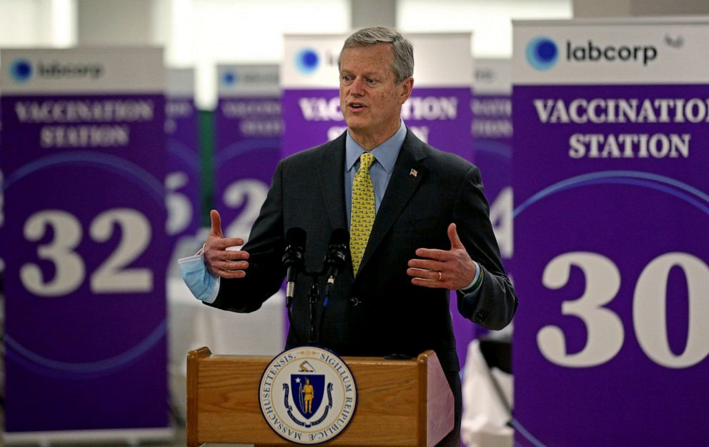 PHOTO: Massachusetts Governor Charlie Baker speaks at a mass vaccination site for coronavirus at the Natick Mall, Feb. 24, 2021 in Natick, Mass.