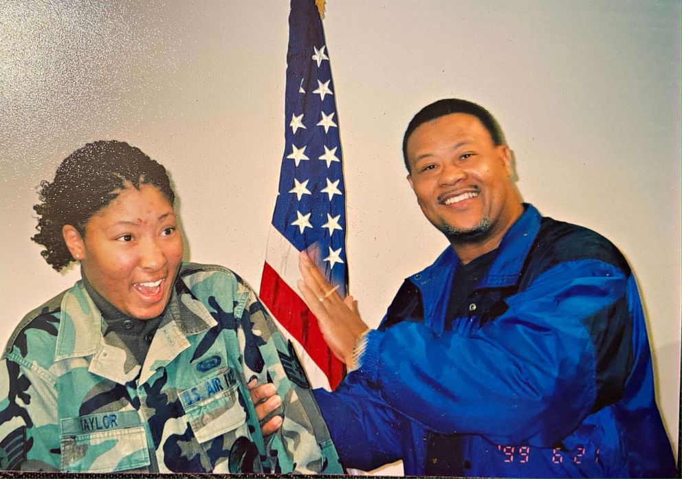 PHOTO: Charonda Johnson, a former Air Force combat veteran, has her staff sergeant stripes pinned on her by her father, who recently died unexpectedly from COVID-19.