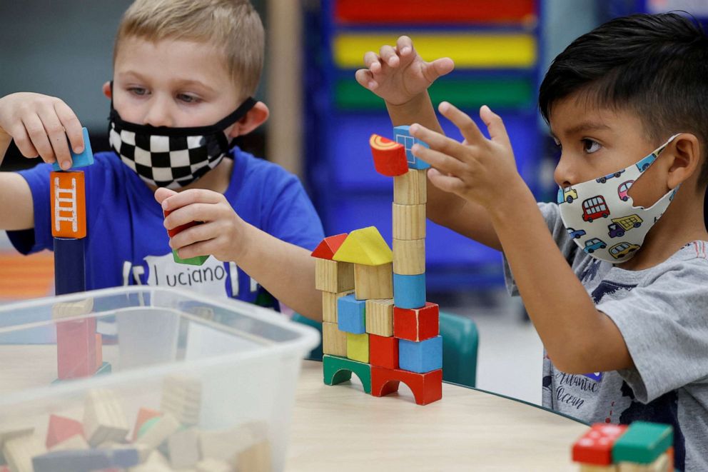 PHOTO: Children wear masks at a pre-kindergarten class at East End Elementary School in North Plainfield, N.J., Oct. 25, 2021.