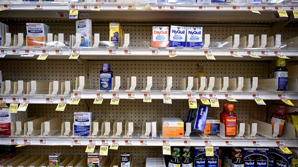 PHOTO: Shelves remain nearly empty near the section for children's medicine, Dec.19, 2022 at a Walgreens, in New York.