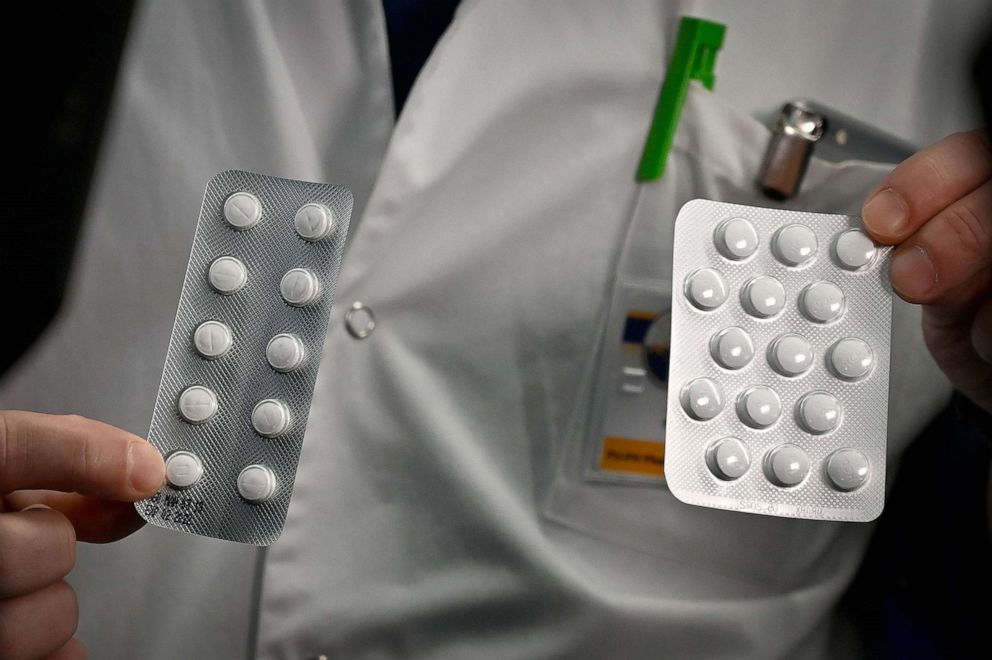 PHOTO: Medical staff shows on Feb. 26, 2020, at the IHU Mediterranee Infection Institute in Marseille, a packet of Nivaquine, containing chloroquine, a malaria drug that has shown signs of effectiveness against coronavirus, according to a study.