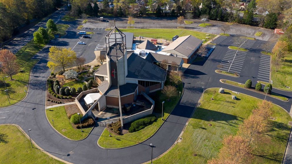 PHOTO: The parking lots at the Discovery Methodist Church are empty on Palm Sunday at the closed church due to coronavirus concerns Sunday April 5, 2020, in Richmond, Va. 