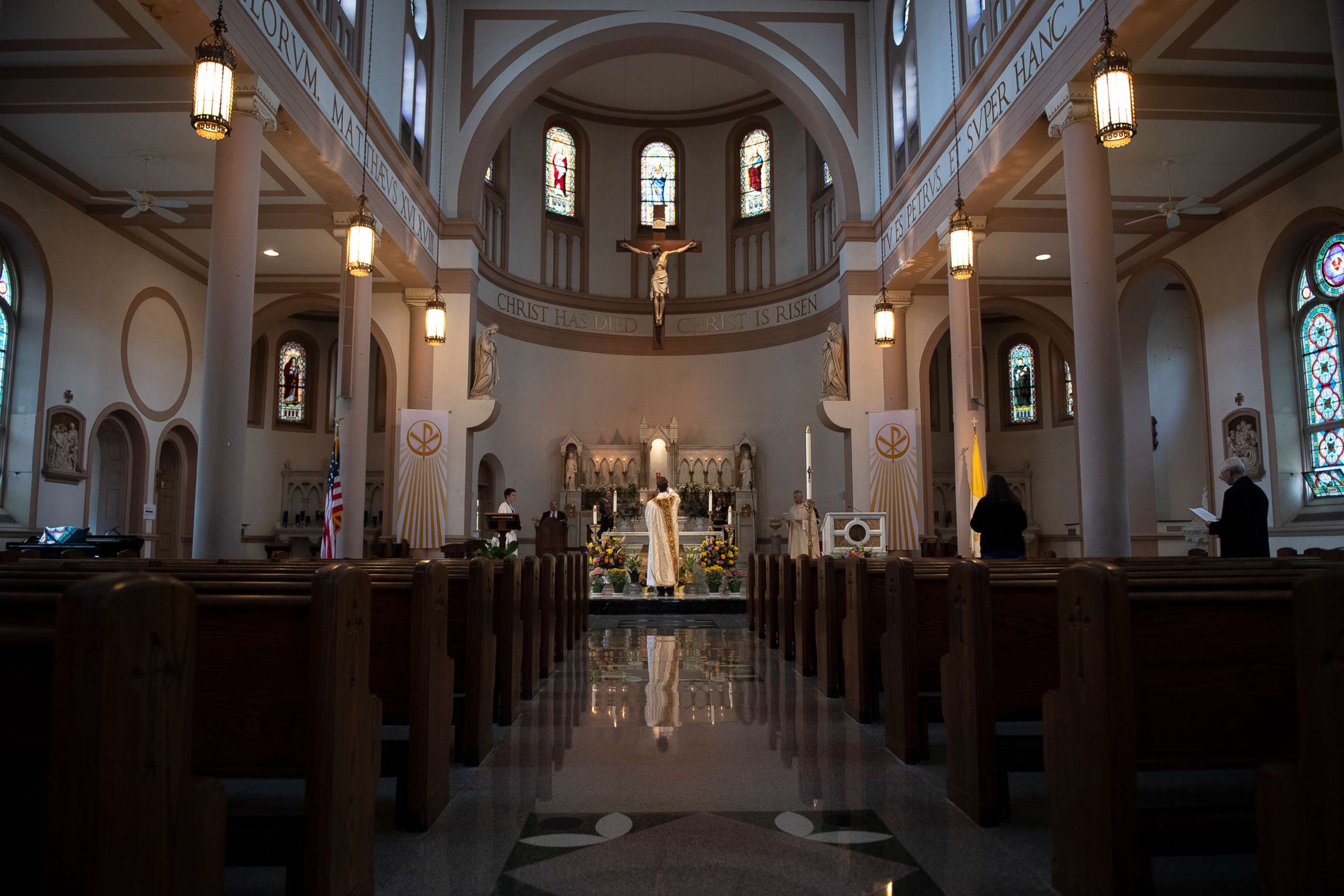 PHOTO: Fr. Brendan conducts a live-stream of an Easter Vigil Mass at Saint Peter's Church on Capitol Hill without worshipers due to the coronavirus outbreak, April 12, 2020.