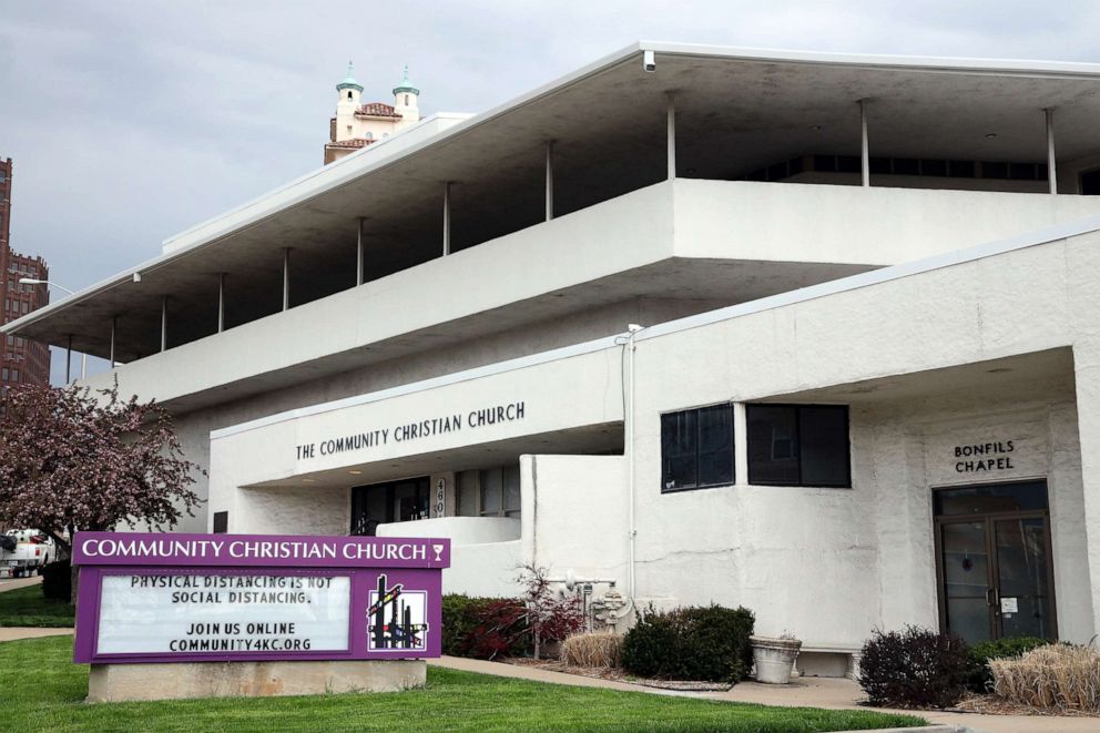 PHOTO: A social distancing message is displayed at the Community Christian Church as the Coronavirus Pandemic causes a climate of anxiety and changing routines in America, April 2, 2020, in Kansas City, Mo.