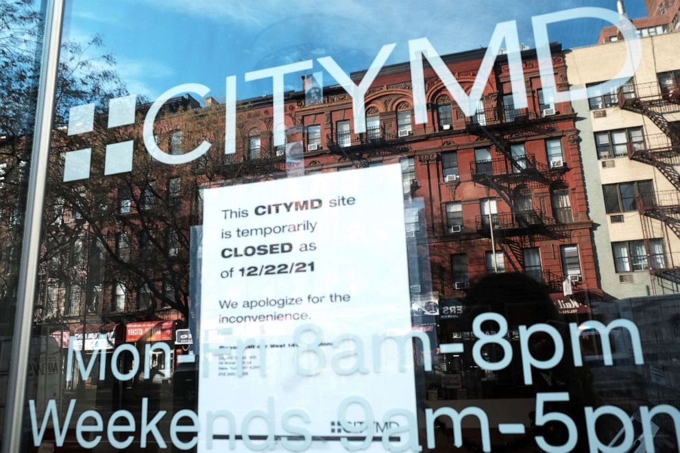 PHOTO: A CityMD stands closed in Manhattan on Dec. 22, 2021 in New York City. CityMD temporarily closed 13 locations in the city due to staffing issues.