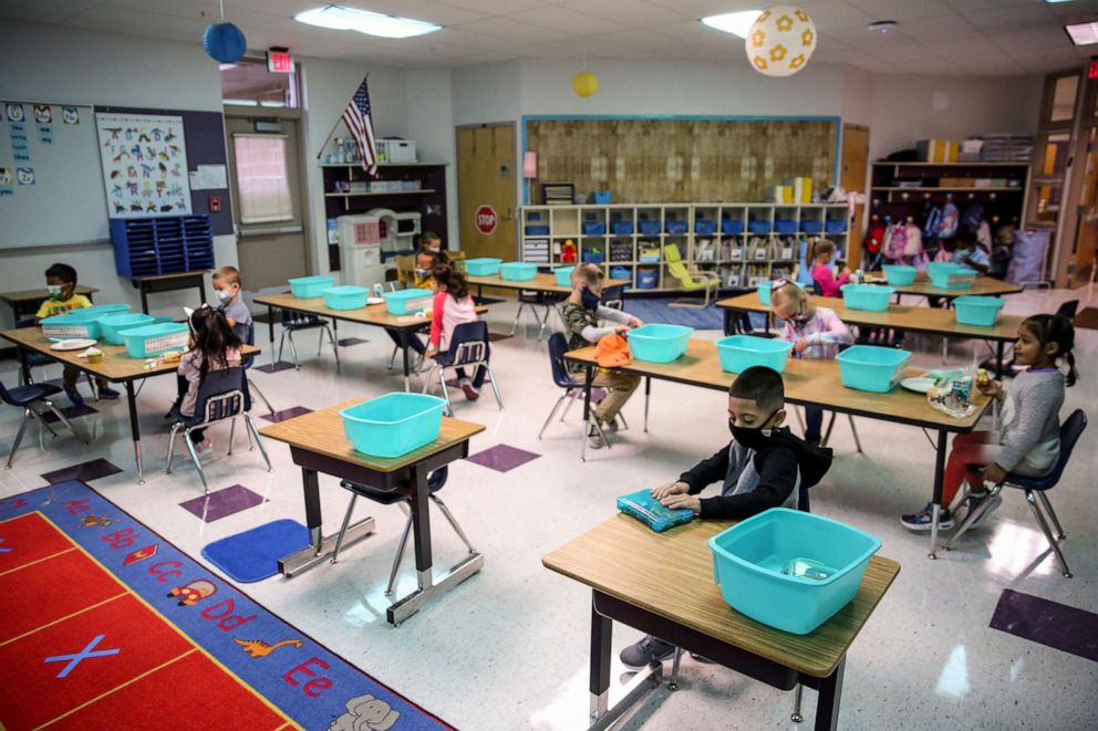 PHOTO: Megan Bell's kindergarten students begin their first day of school, Sept. 15, 2021, at Miller Elementary School in Salem, Ore.