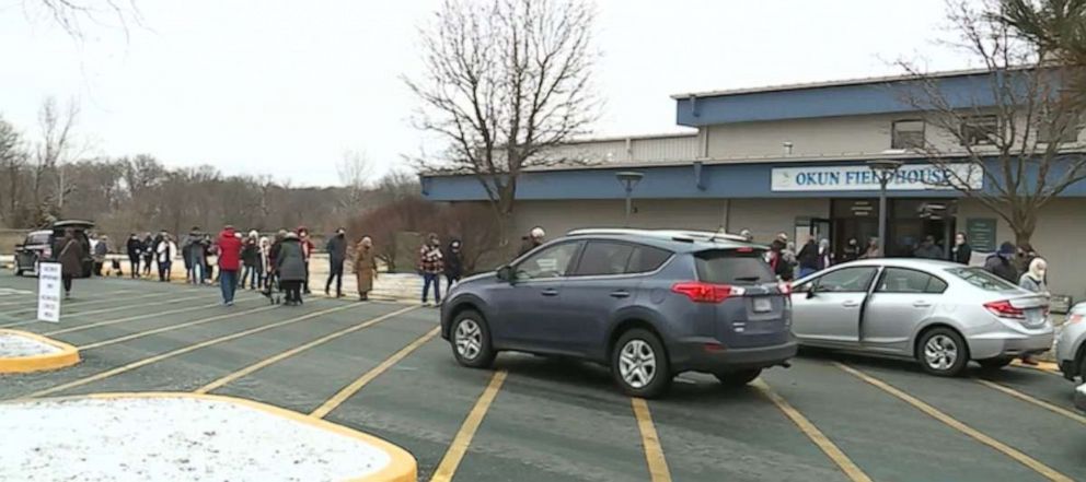 PHOTO: A line forms outside the Mid-America West Sports Complex in Shawnee, Kansas, Jan. 26, 2021.