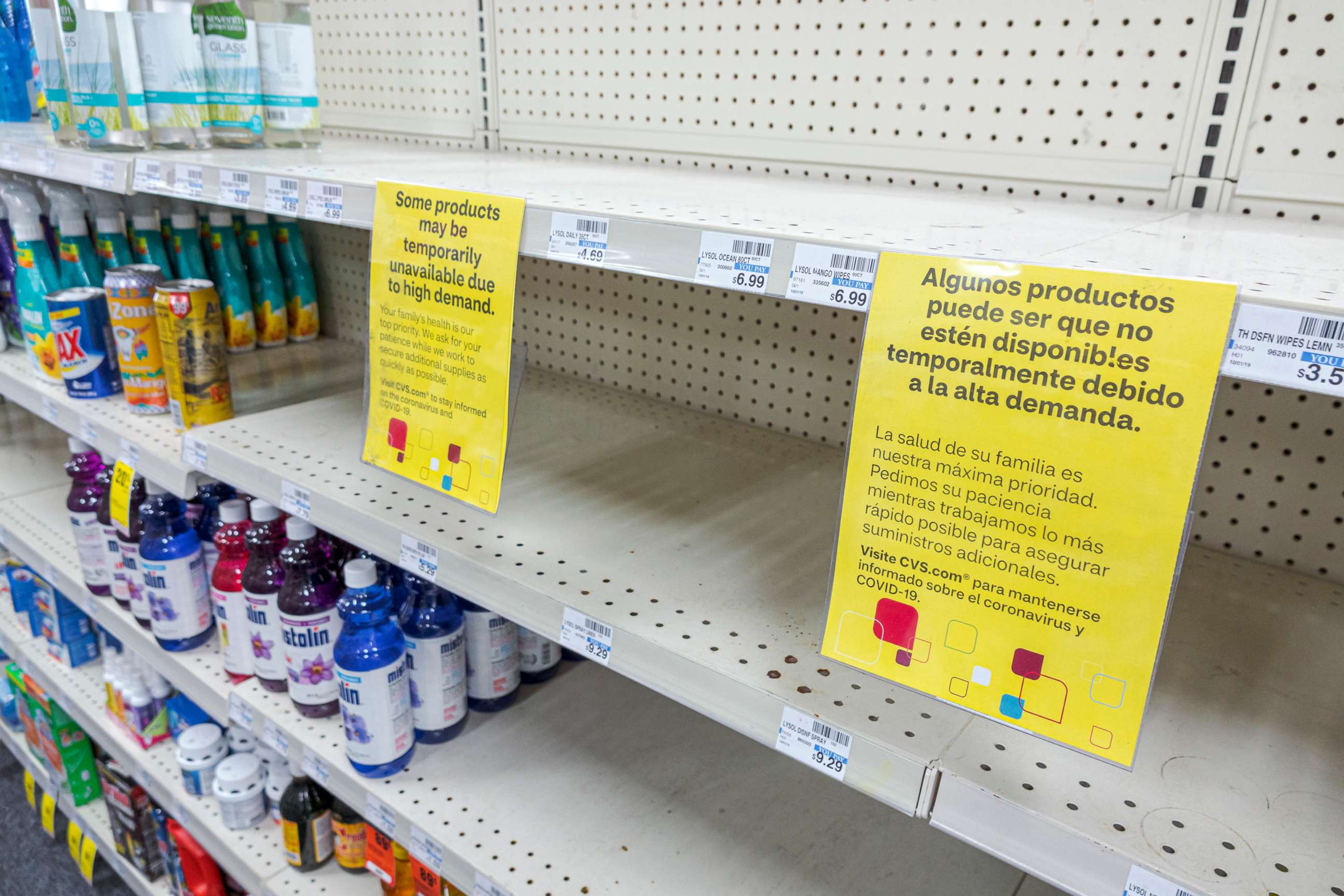 PHOTO: Empty cleaning and disinfectant products shelves due to the Coronavirus Pandemic in Miami, May 7, 2020. 