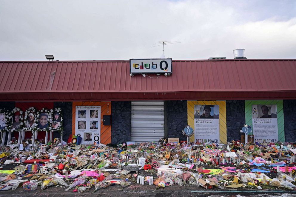 PHOTO: FILE - Club Q and the memorial for the victims of the shooting photographed in Colorado Springs, Colorado, Nov. 29, 2022.