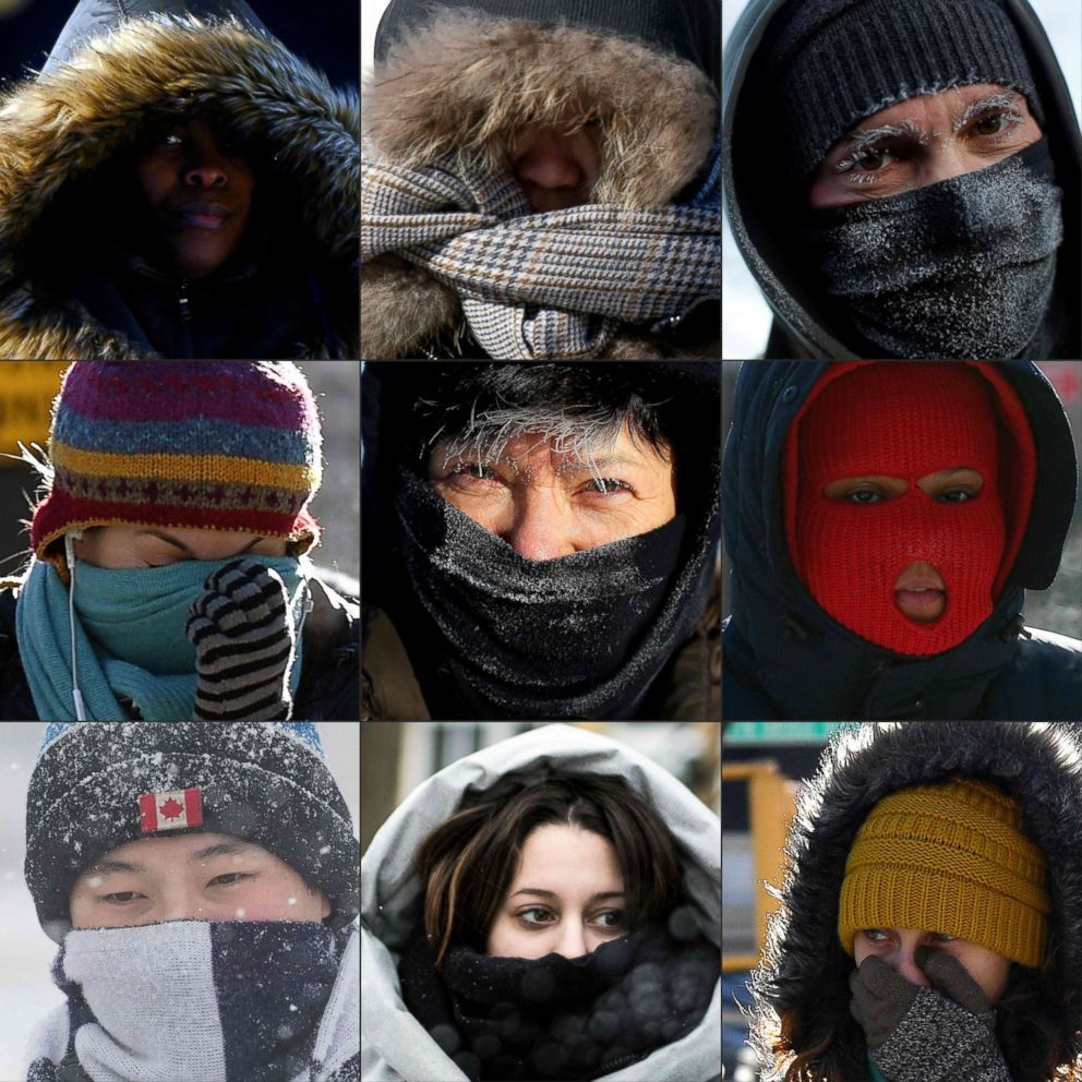 PHOTO: This combination of pictures taken 30 and 31st of January 2019 shows pedestrians protecting their faces from the cold in New York, Washington, Chicago, in Kingston, Ontario, Montreal and along Lake Michigan.