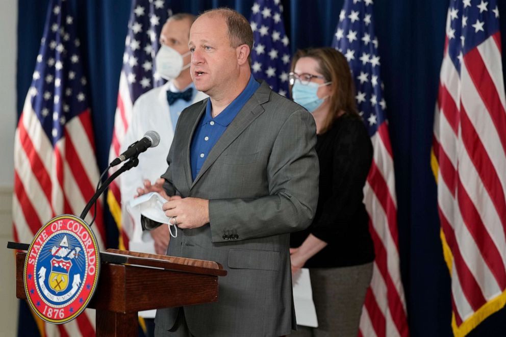 PHOTO: Colorado Gov. Jared Polis speaks during a news conference about Colorado offering coronavirus vaccinations to children, Oct. 28, 2021, in Denver.