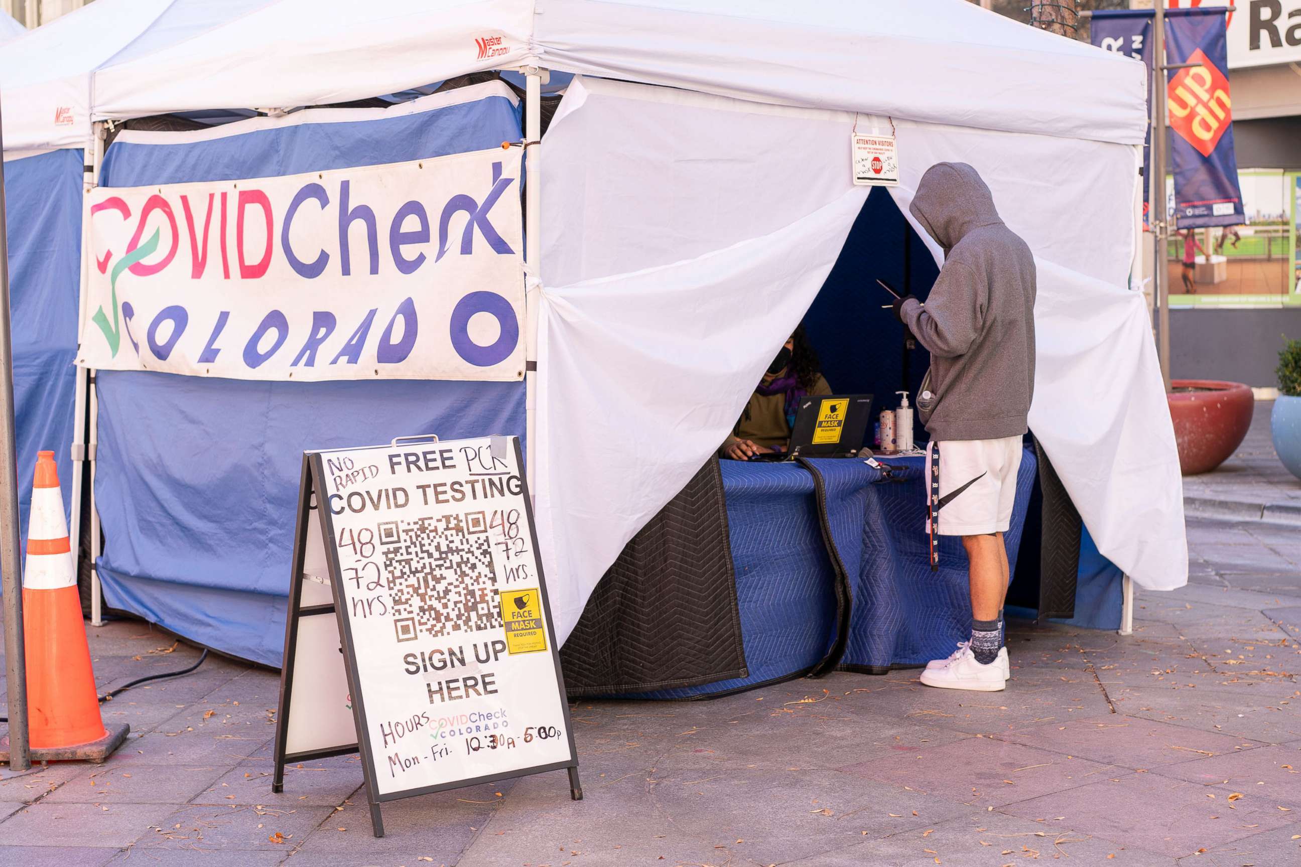 PHOTO: Free Covid-19 testing in shown in downtown Denver, Nov. 4, 2021.