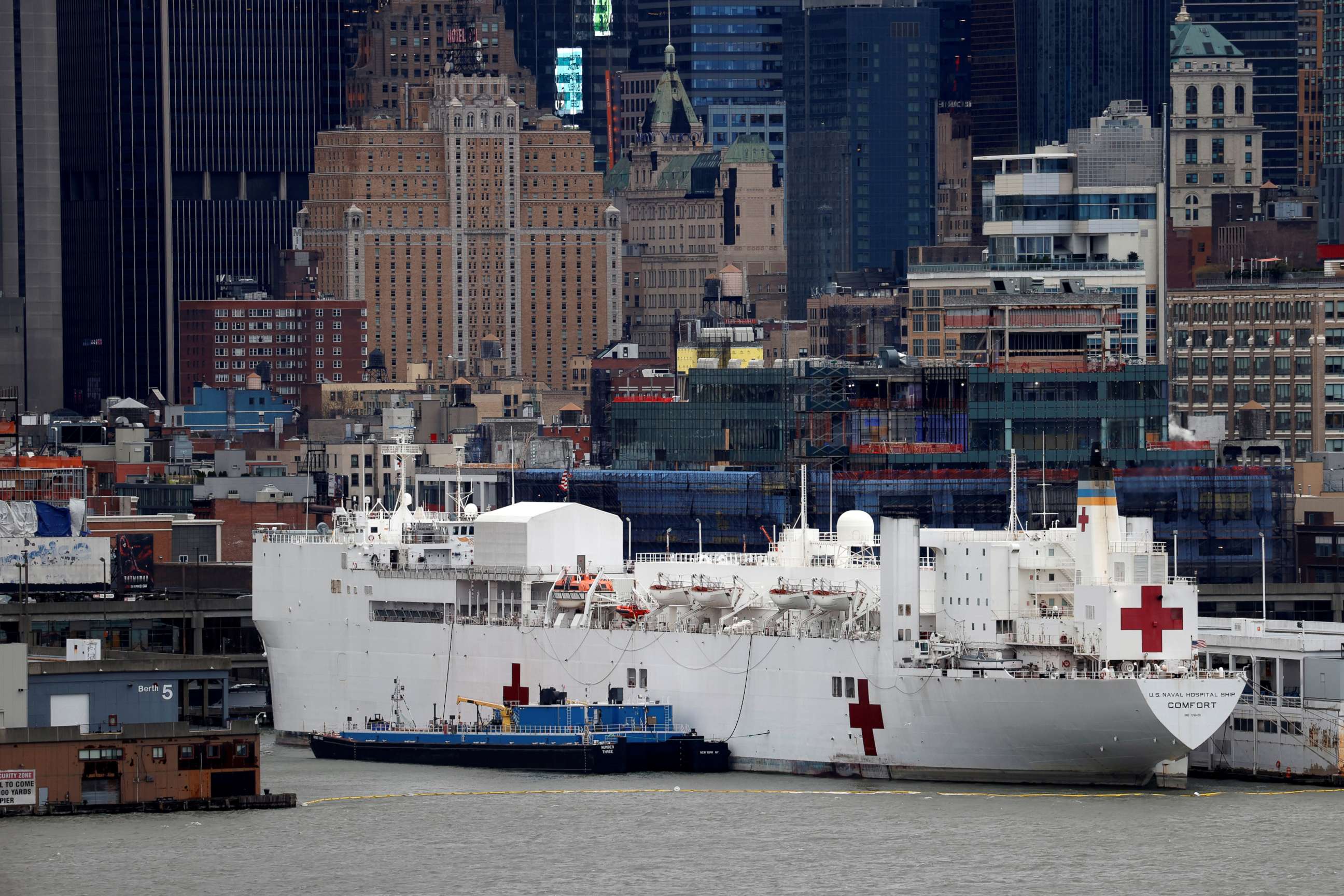 PHOTO: The USNS hospital ship Comfort is seen docked at Pier 90 on Manhattan's West Side during the outbreak of the coronavirus disease (COVID-19) in New York City, New York, U.S., April 3, 2020. 