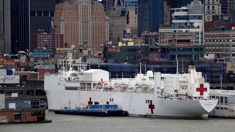 PHOTO: The USNS hospital ship Comfort is seen docked at Pier 90 on Manhattan's West Side during the outbreak of the coronavirus disease (COVID-19) in New York City, New York, U.S., April 3, 2020. 