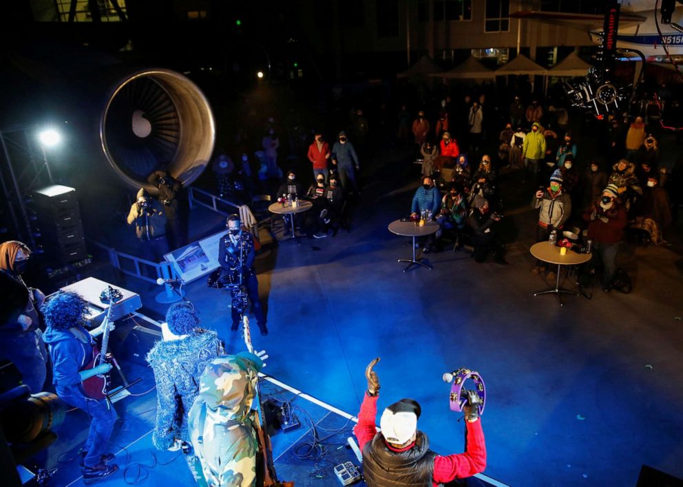 PHOTO: The Black Tones and Payge Turner perform at a socially distanced "Cleared for Takeoff Concert" produced by organization Safe & Sound Seattle, at the Museum of Flight's Aviation Pavilion in Seattle, March 28, 2021.