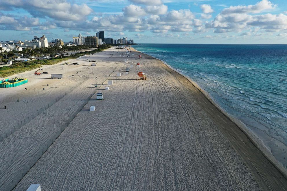 PHOTO: An aerial view from a drone shows an area of South Beach that the city closed in an effort to prevent the spread of the coronavirus on March 16, 2020 in Miami Beach, Florida.