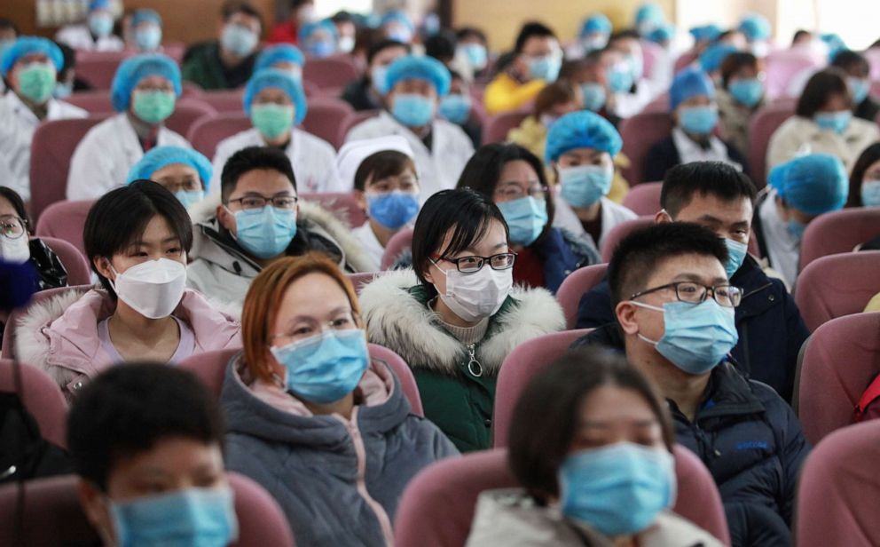 PHOTO: The members of the medical team of the people's Hospital of Northern Jiangsu were at the expedition ceremony to help Wuhan. Yangzhou, Jiangsu Province, China, Feb. 13, 2020.