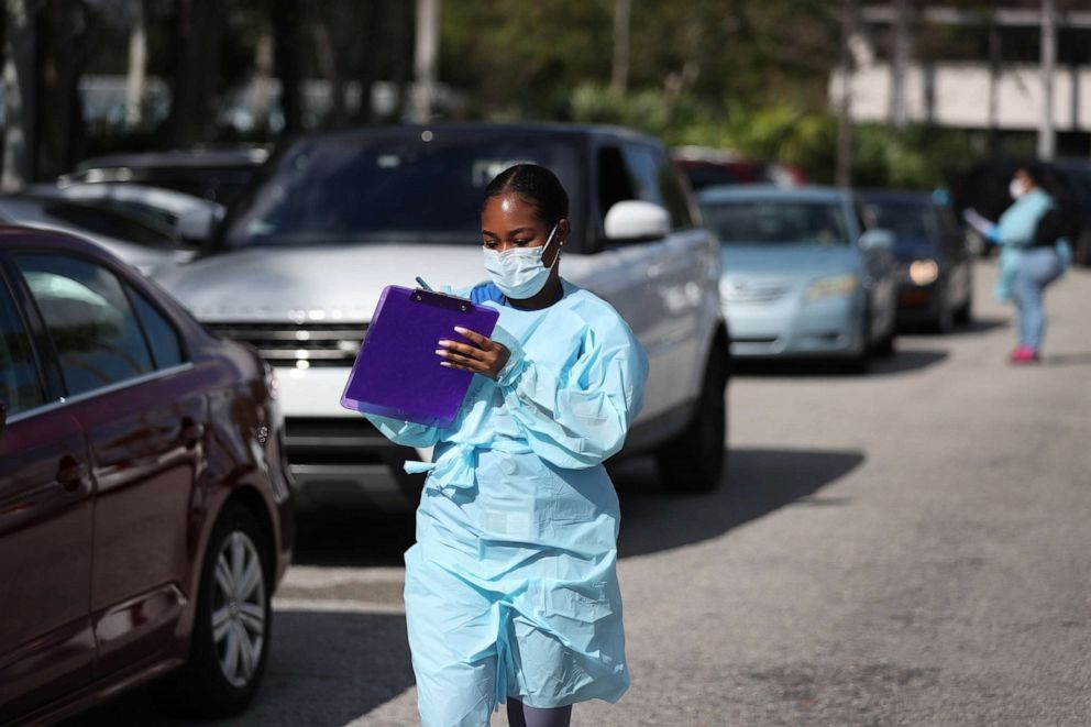 PHOTO: Health care staff from the FoundCare center wear protective gear as they help people who called to setup a drive through appointments to be tested for the coronavirus in the centers parking lot on March 16, 2020 in West Palm Beach, Florida.