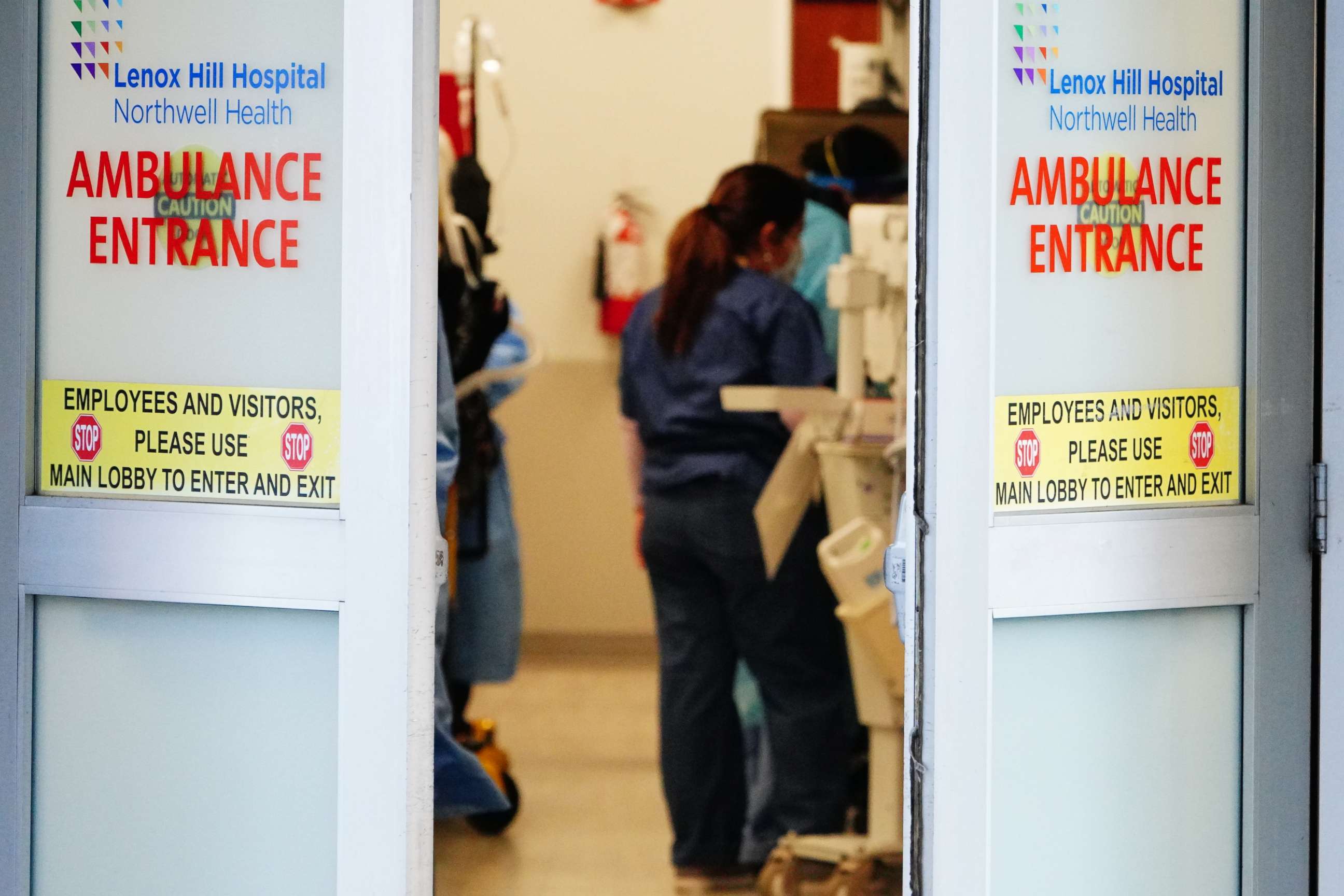 PHOTO: Medical workers are pictured inside a triage area at Lenox Hill Hospital in New York during the coronavirus pandemic, April 7, 2020.