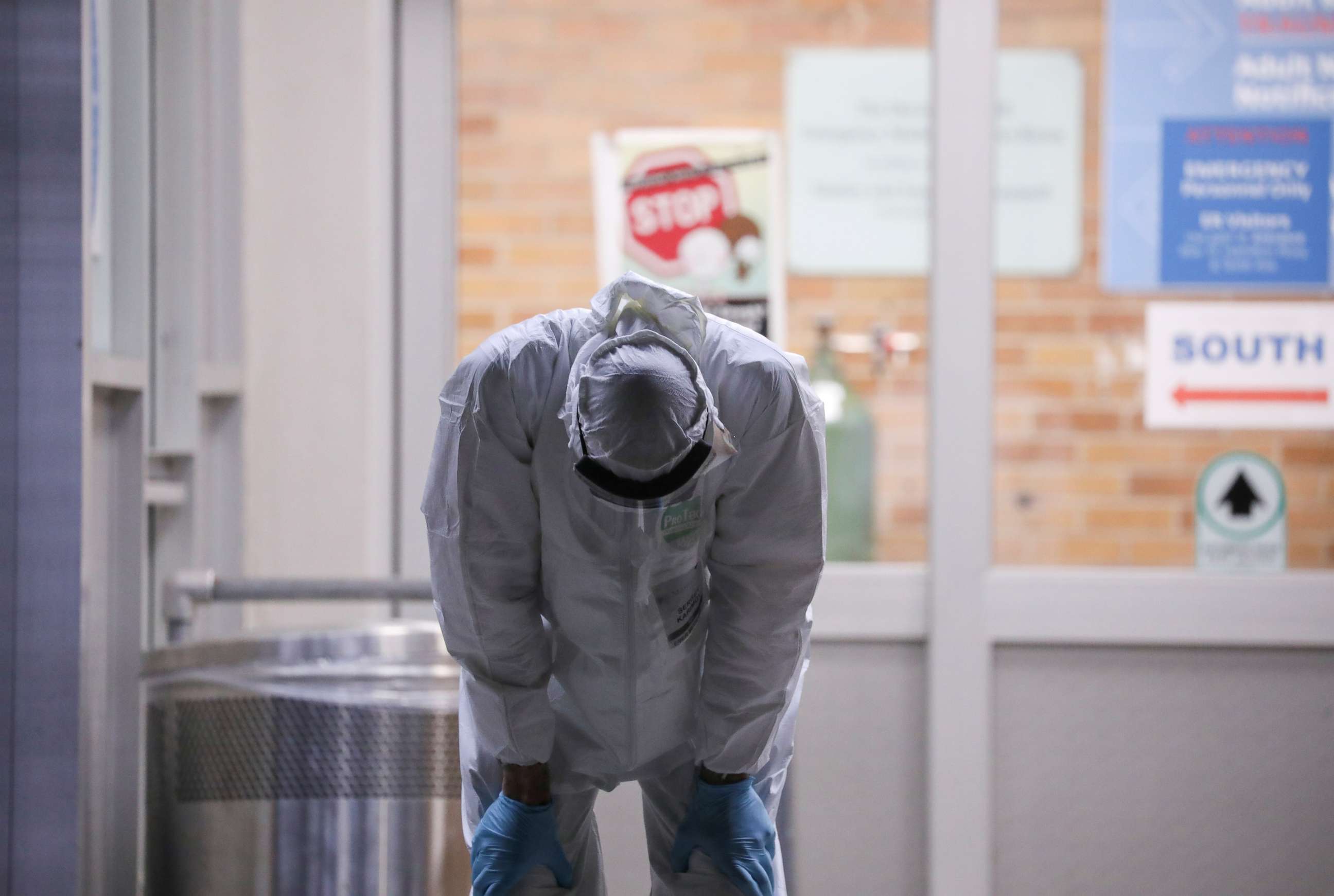 PHOTO: A medical worker stretches outside Maimonides Medical Center during the outbreak of the coronavirus disease in the Brooklyn borough of New York, April 14, 2020.