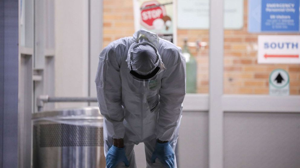 PHOTO: A medical worker stretches outside Maimonides Medical Center during the outbreak of the coronavirus disease in the Brooklyn borough of New York, April 14, 2020.
