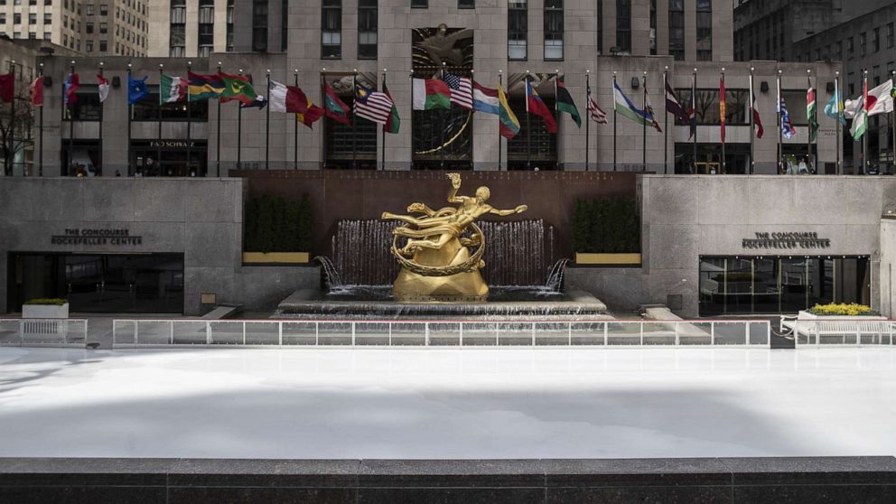 PHOTO: The ice skating rink at Rockefeller Center is empty as it sits closed in the wake of the coronavirus outbreak on March 18, 2020, in New York.