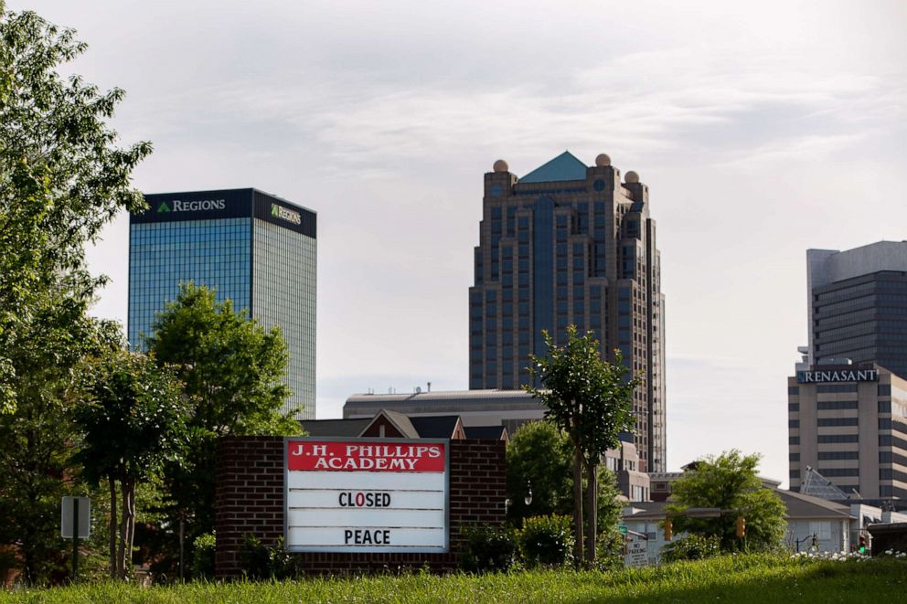 PHOTO: A closed sign is displayed at J.H. Philips Academy school in Birmingham, Ala., April 28, 2020.