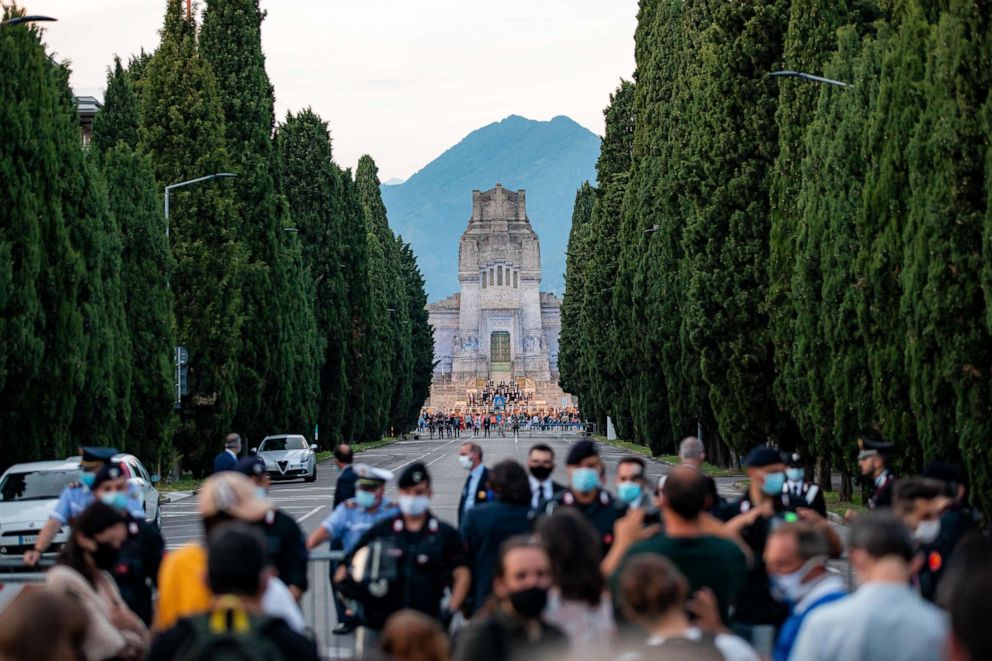 PHOTO: A view of the Monumental Cemetery of Bergamo during requiem in memory of the coronavirus victims in the presence of the President of Italian Republic, Sergio Mattarella, and 243 mayors on June 28, 2020, in Bergamo, Italy.