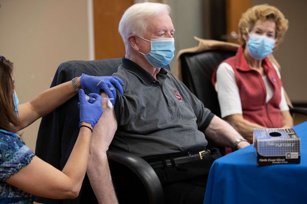 PHOTO: A nurse inoculates former Gov. Jim Hunt and his wife Carolyn with their first dose of the Moderna COVID-19 vaccine at the Wilson County Health Department on  Jan. 6, 2021, in Wilson, N.C.