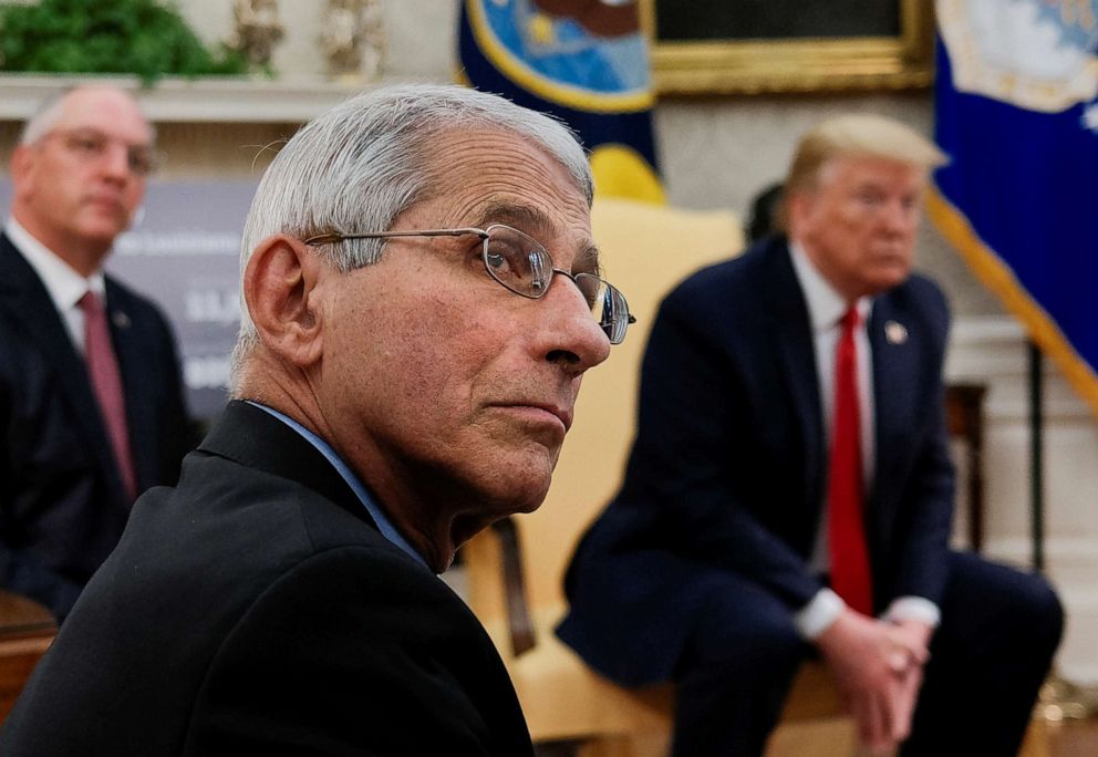 PHOTO: Dr. Anthony Fauci attends a coronavirus response meeting between President Donald Trump and Louisiana Governor John Bel Edwards in the Oval Office at the White House in Washington, April 29, 2020.