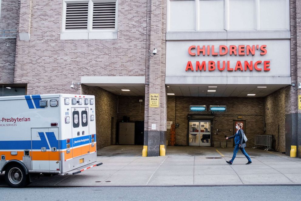 PHOTO: An ambulance sits outside of NewYork-Presbyterian Morgan Stanley Children's Hospital, where patients have been treated for a severe inflammatory syndrome linked to the coronavirus, in New York, May 11, 2020.