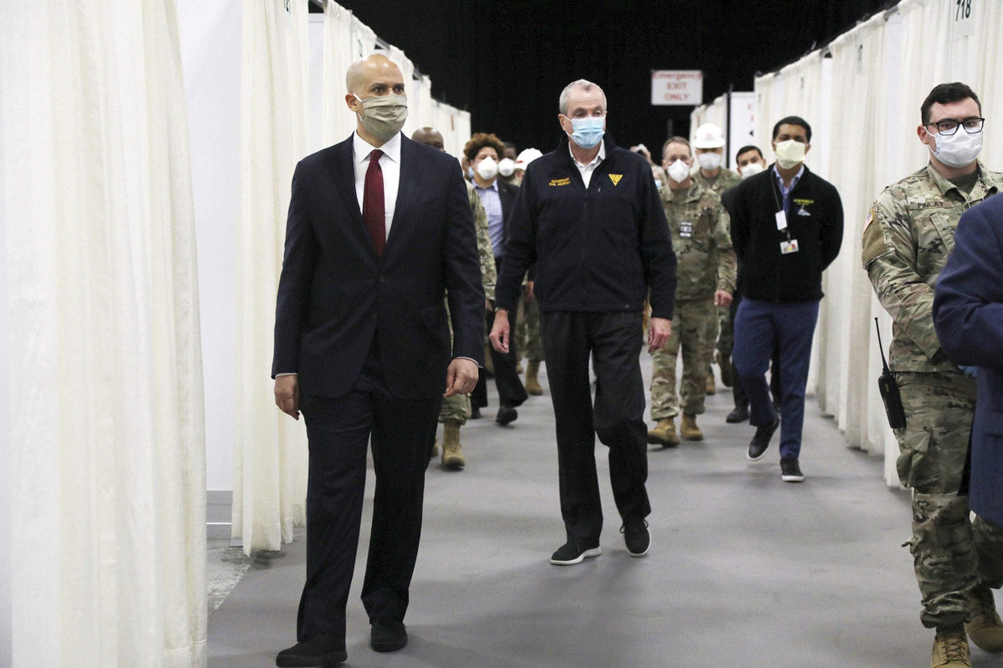 PHOTO: Sen. Cory Booker and New Jersey Gov. Phil Murphy tour the Edison Field Medical Station at the site of the N.J. Convention & Exposition Center in Edison, N.J., April 8, 2020.