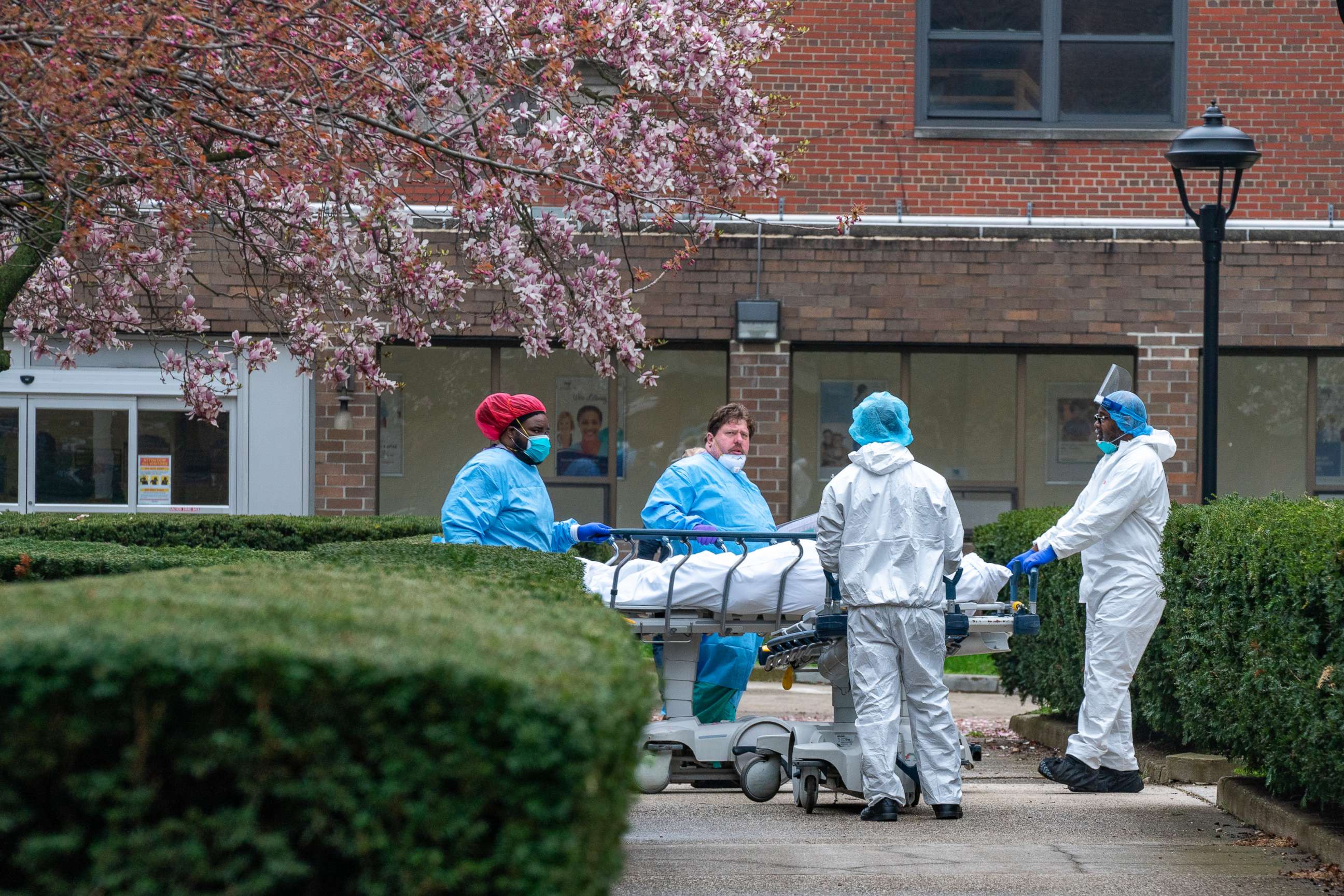 PHOTO: Kingsbrook Jewish Medical Center employees transport a deceased patient to a refrigerated truck on April 8, 2020, in the Brooklyn borough of New York.