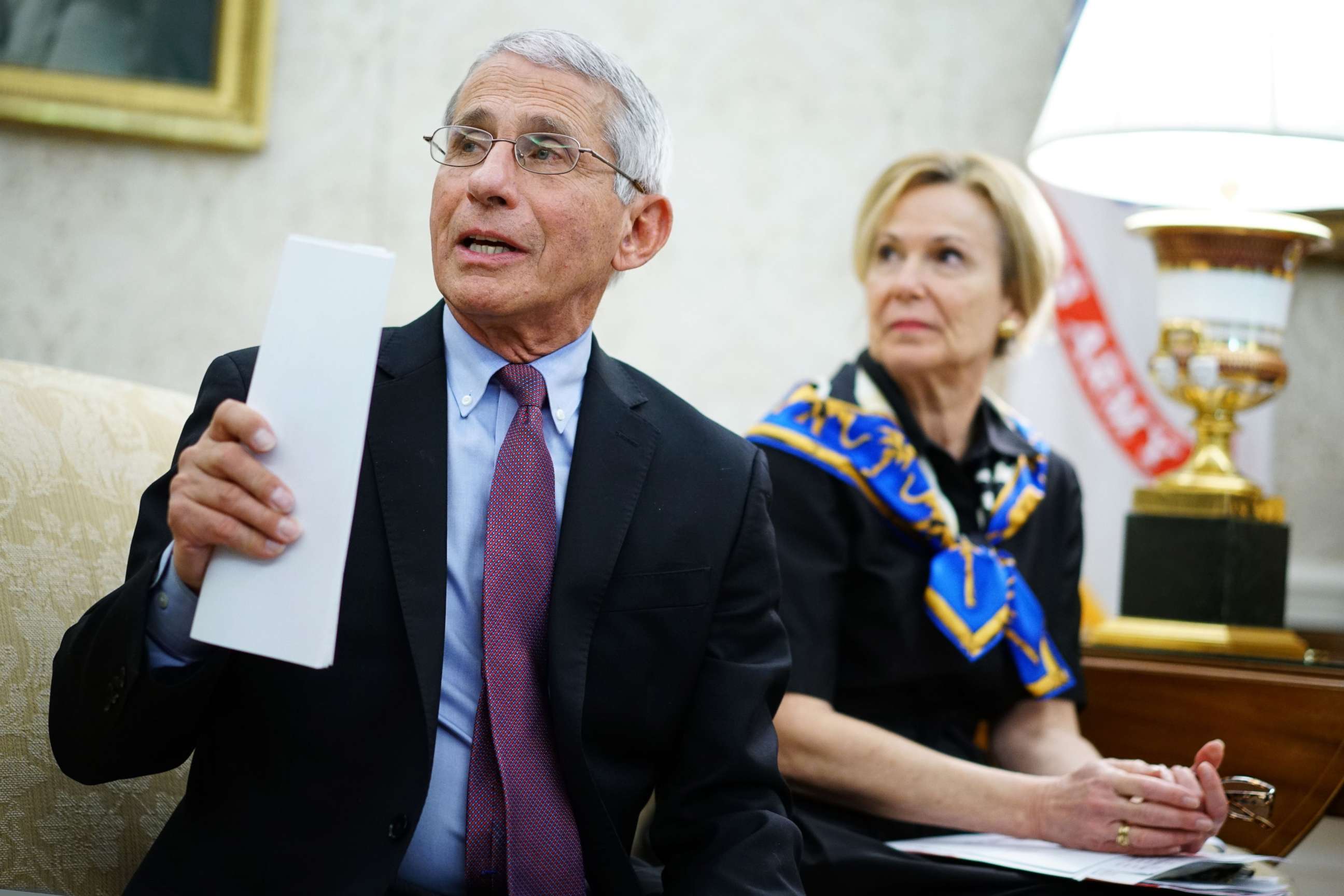 PHOTO: Dr. Anthony Fauci speaks while sitting next to Deborah Birx, during a meeting with President Donald Trump and Louisiana Governor John Bel Edwards in the Oval Office of the White House in Washington, April 29, 2020.