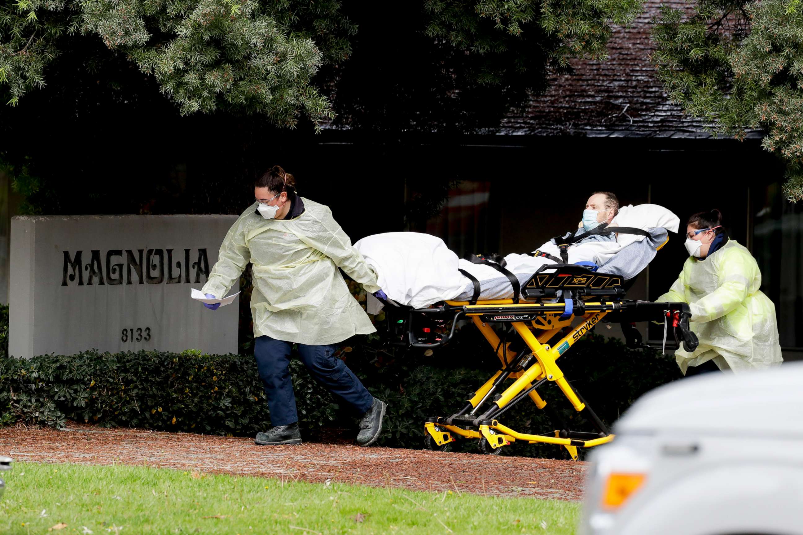 PHOTO: A patient is evacuated from the Magnolia Rehabilitation and Nursing Center in Riverside, Calif., April 8, 2020.