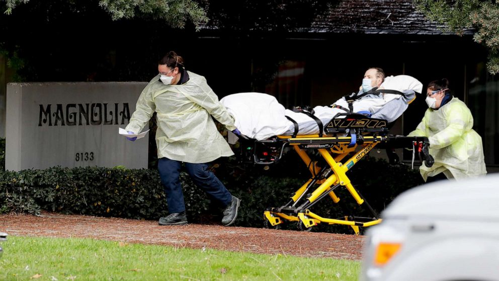 PHOTO: A patient is evacuated from the Magnolia Rehabilitation and Nursing Center in Riverside, Calif., April 8, 2020.