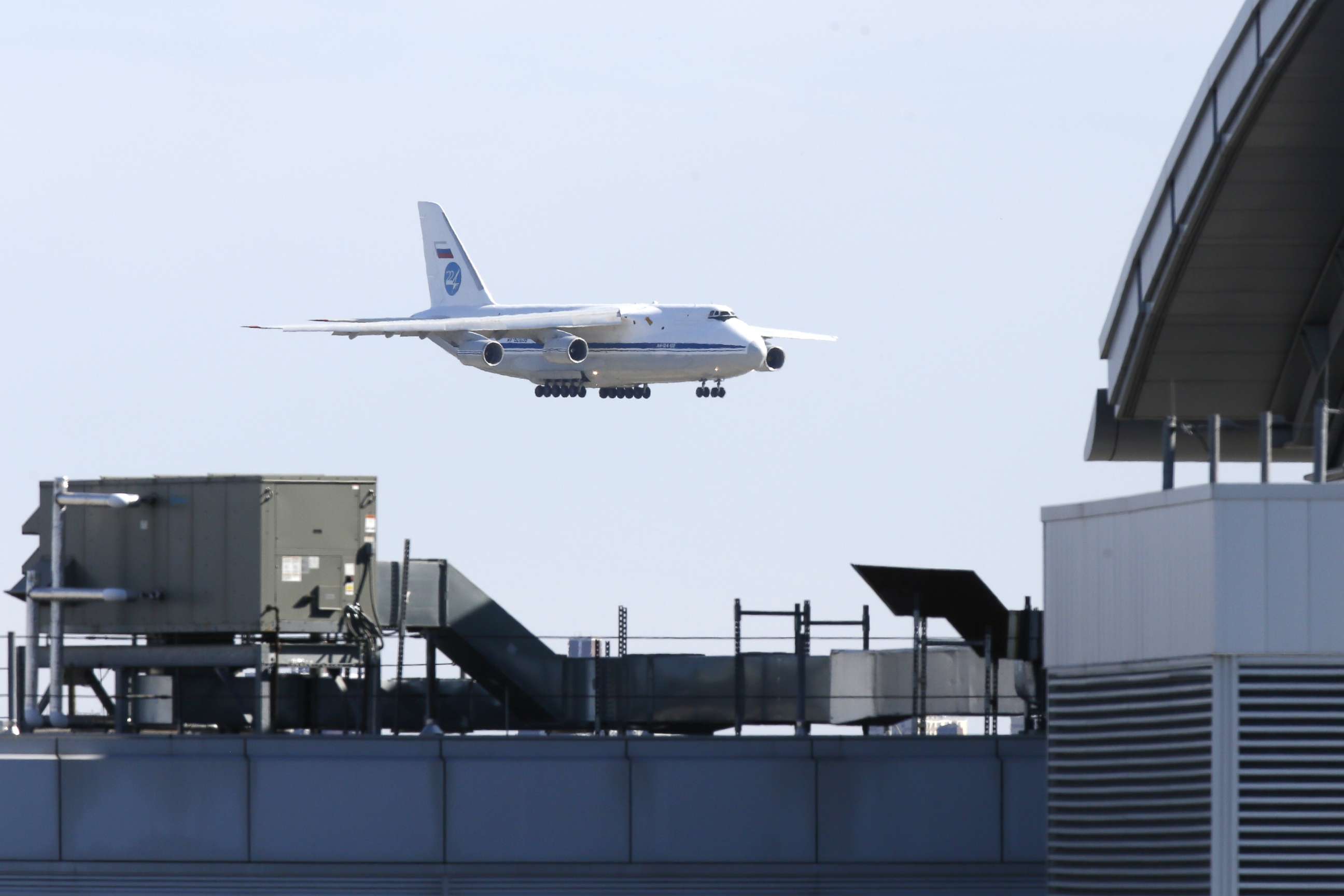PHOTO: A Russian military transport plane carrying medical equipment, masks and supplies lands at JFK International Airport during the outbreak of the coronavirus disease in New York, April 1, 2020.